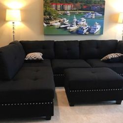 Brand New Black Fabric Sectional Sofa +Ottoman (New In Box) 