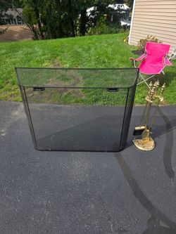 Black Metal Mesh Fireplace Screen with brass fireplace set