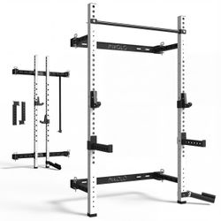 Mikolo 2" x 2" Folding Wall Mounted Squat Rack, 1000 Pounds Capacity Power Rack with Pull Up Bar, J Hooks and Other Attachments, Space-Saving Home Gym