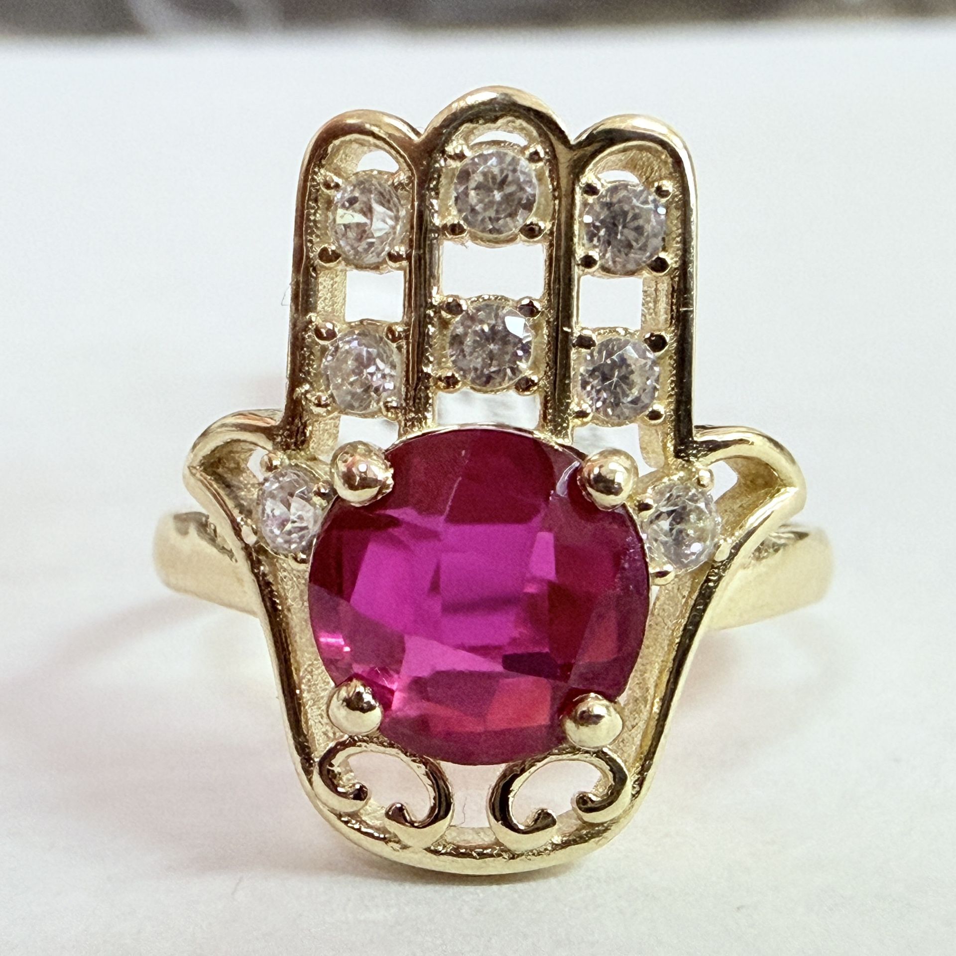 14K Gold & Red Stones Hamsa Ring