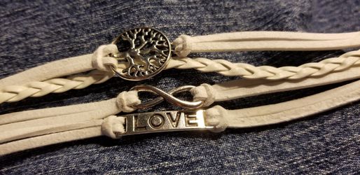 White Leather Silver Color Charms Bracelet