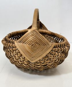 CLEAN VTG woven Basket God’s Eye Diamond Pattern, Wood Handle, Rustic, Country Farmhouse