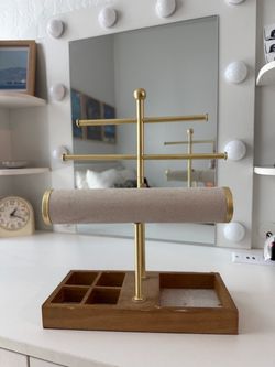 Gold Jewelry Organizer Stand with Wood Base