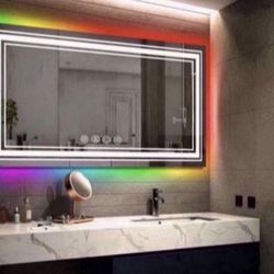 MOSILA 48X24 inch RGB LED Bathroom Mirror Color Changing Backlit + 3 Front Lighting Mirror Anti-Fog Smart Touch Mirror