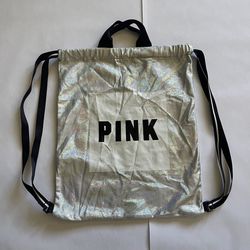 PINK VS Women’s Drawstring Backpack Tote Bag Iridescent Silver Holographic