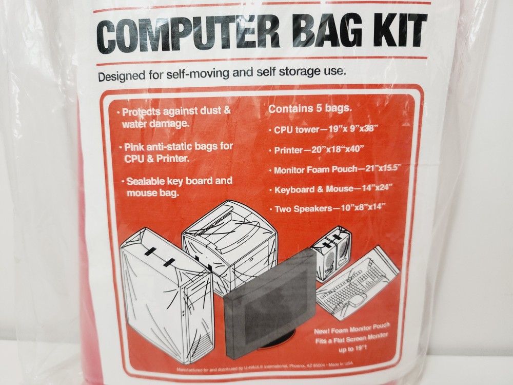 U-Haul Computer Bag Kit Includes 1 CPU Tower Bag, 1 Printer Bag, 1 Monitor Bag, 1 Keyboard + Mouse Bag