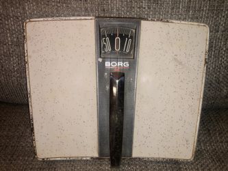 Vintage Mid Century BORG Bathroom Scale White W/Gold Flakes Chrome Handle