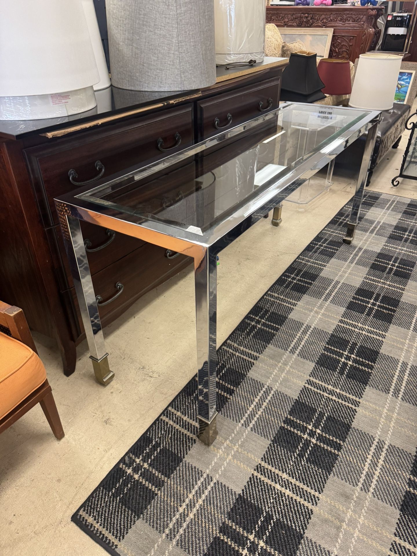 Milo Baughman Style Chrome Glass Console Table - 60” x 19” x 28”
