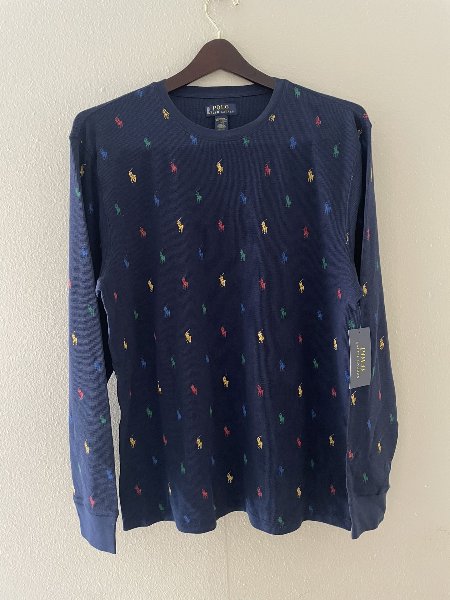 NWT Mens Polo Ralph Lauren Allover Pony Thermal Waffle Knit Long Sleeve Shirt Men Size Large / Extra Large XL
