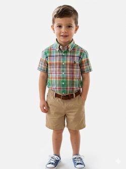 Polo Ralph Lauren Boys 4T Plaid Button Down Shirt Green Orange Blue Short Sleeve