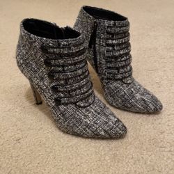NEIMAN MARCUS tweed heeled booties with 5 strap details 