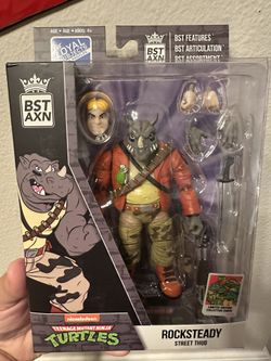 BST AXN TMNT Rocksteady Street Thug Figure RARE with LIMITED EDITION Collector Card