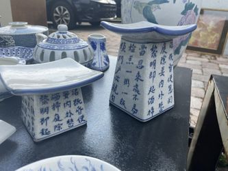 Pair Of Ceramic chinoiserie Pillar Candle Holders