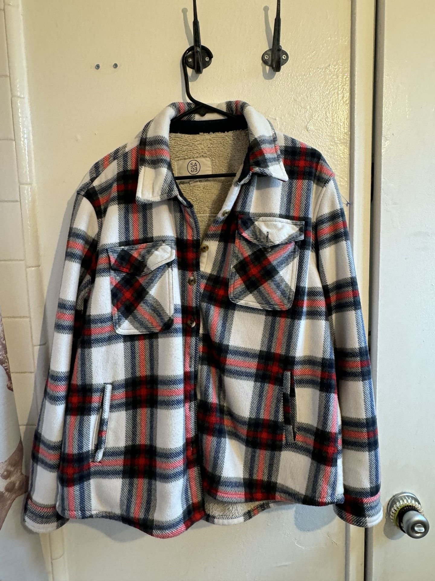 Plaid Jacket, Shirt, Red, Black, And Gray, And White Furry In The Inside