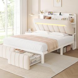 🔥Queen Bed Frame with  LED Light Velvet Storage Headboard and Charging Station, Beige