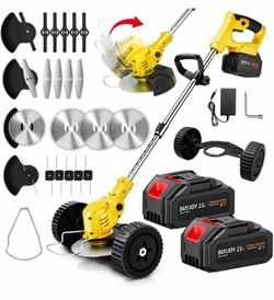 Cordless Wheeled Grass Trimmer and Edger with Dual 21V Batteries