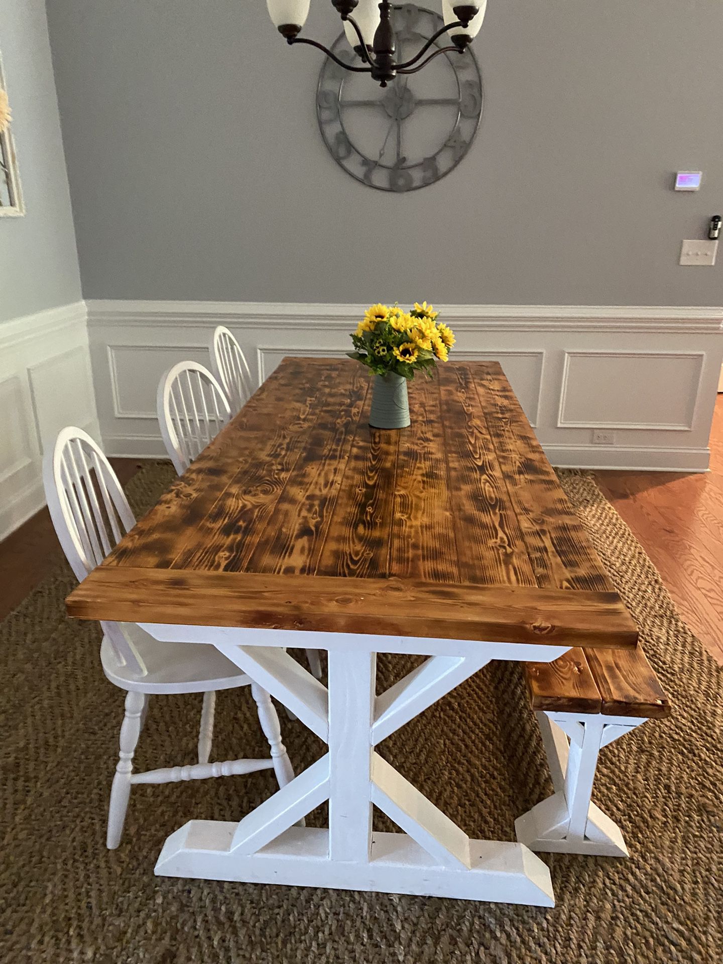 Farmers Table With Bench Chairs And Rug