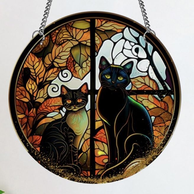 Black Cats With Leaves 2 Sided Acrylic Suncatcher With Metal Chain