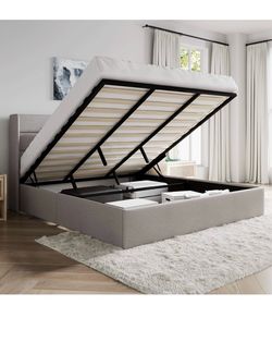 O43 $180  King Size Lift Up Storage Bed/Modern Wingback Headboard/Upholstered Platform Bed Frame/Hydraulic Storage/No Box Spring Needed/Wood Slats Sup