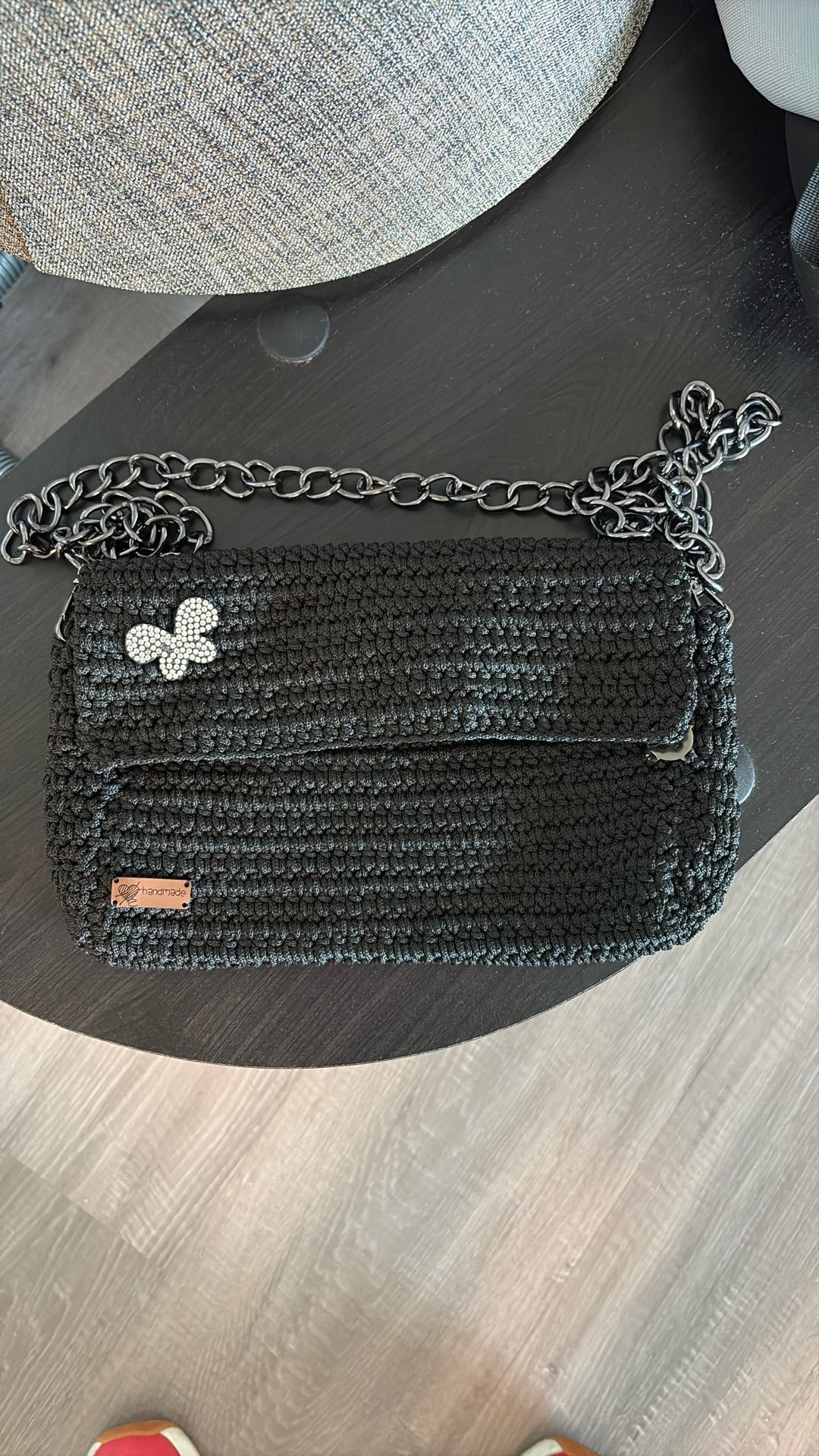 Handmade Black Crochet Shoulder Bag w/ Chain Strap