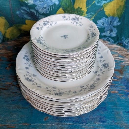 Vintage Plate Dish Set Johann Haviland Blue Garland Floral Bread & Butter Dinner China 16 pieces
