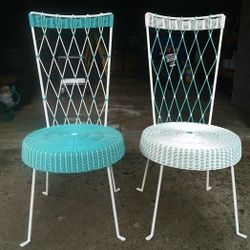 Set of 2 Outdoor Crate Barrel metal dining chairs blue white
