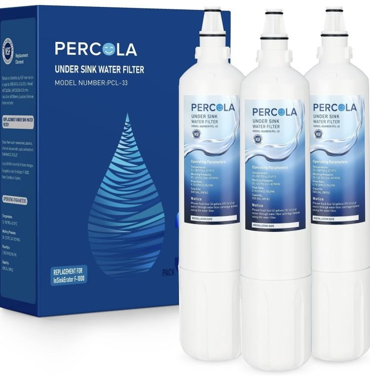 PERCOLA F-1000 Under Sink Water Filter, NSF 42 & 372 Certified Filter Compatible Devices F-1000S Filtration System, 500 gallons (3 pack)