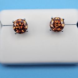 Amber Orange Moissanite Stud Earrings – 6mm | S925 Rhodium-Platinum Finish | $60