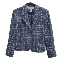 Vintage Y2K 90s Rena Rowan Blue Black Sharp Shoulders Tweed Blazer Jacket 16