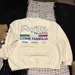 This is a Madhappy x Jon & Vinny's "Fusilli Palazzo" Heritage Crewneck sweatshirt in the color "Azzurro" or "Creme