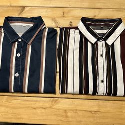 * 2x Mens Button Up Polyester Striped Shirts  Size Large and Medium which feels like a Large 