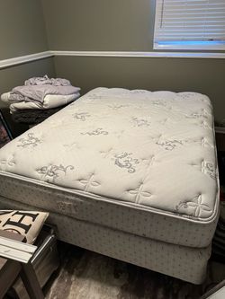 Queen bed with box spring, frame and bed risers
