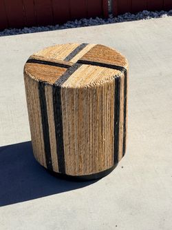 Arcilla Elemental - Brown Banana Leaf Handmade Linear Wrapped Drum Side End Accent Table with Black