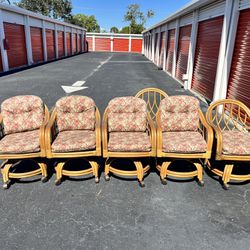 Set Of Six Lane Venture Vintage Rattan Dining Chairs With Rollers