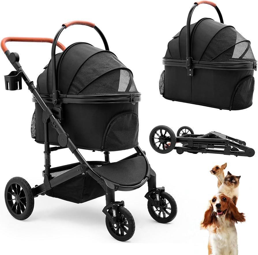 Pet Stroller with 4 Wheels, Foldable Pet Travel Carrier for Small/Medium Dogs Cats up to 50lbs, Detachble Portable Pet Bag, Storage Basket, Car Seat 3