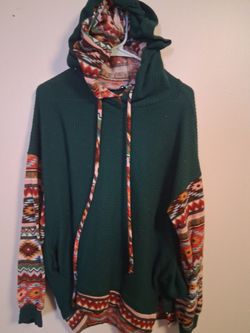 Green Waffle Knit Hoodie with Aztec Print size xl