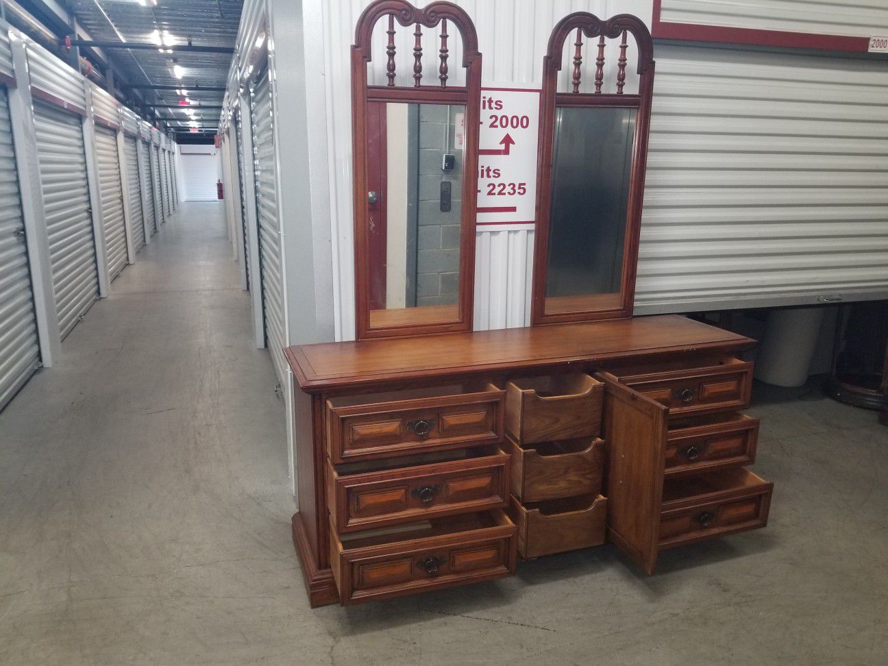 Beautiful solid wood dresser with double mirrors and matching nightstand