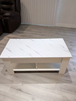 White Marble Color Top Coffee Table with Lift Top, Hidden storage