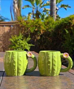 Pier 1 Imports Ceramic Cactus Mugs with Pink Flower Handles – Set of 2