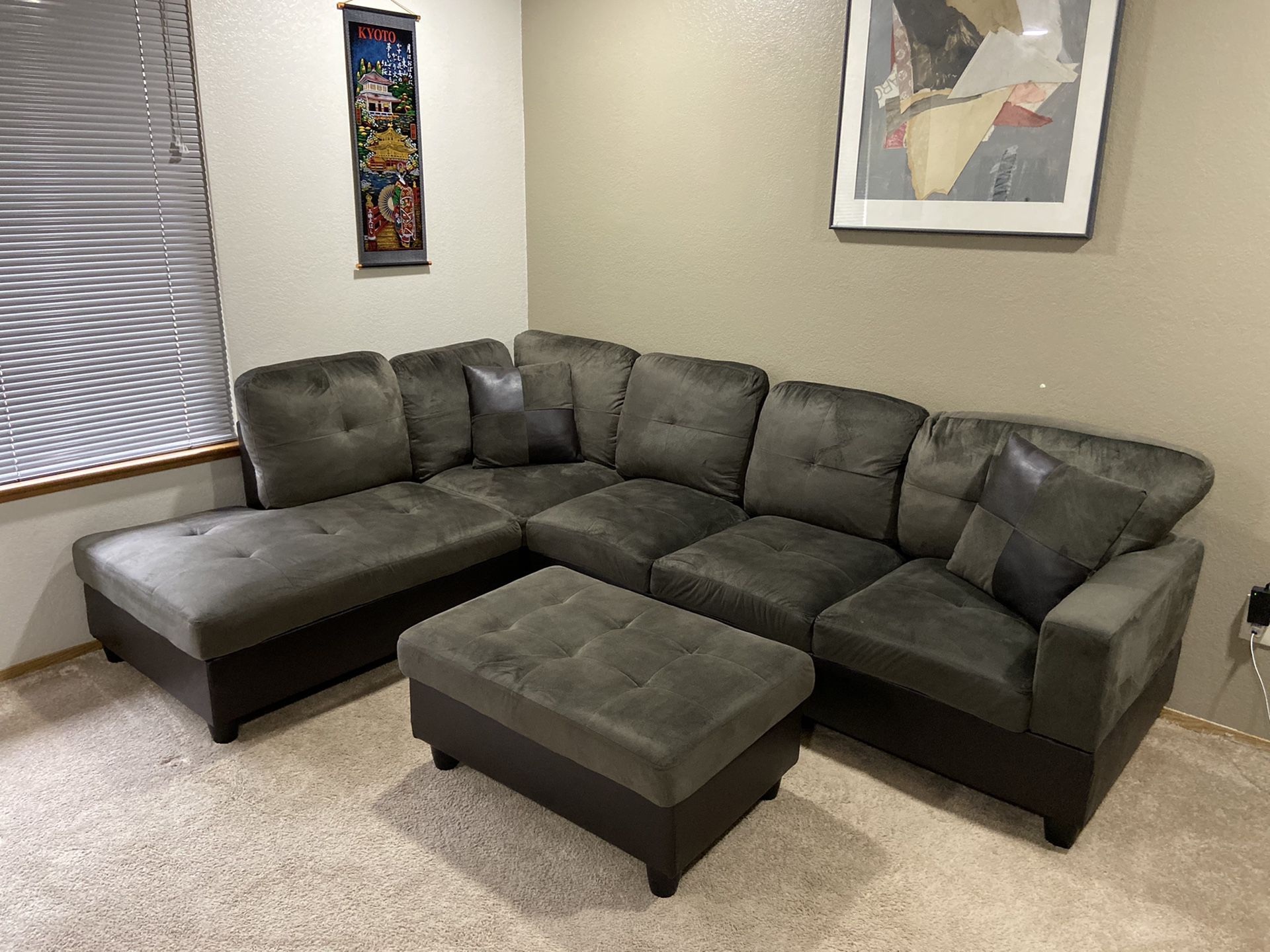 2 Month Old Gray Microfiber Sectional Couch with Storage Ottoman and Pillows Excellent Condition - Like New!!!