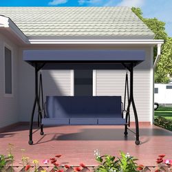 3-Seat Patio Porch Swing Chair, 2-in-1 Outdoor Canopy Swing Glider with Stand and Cushion for Patio, Poolside, Backyard, Blue