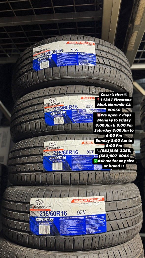 215/60R16 ATLANDER A SET OF FOUR NEW TIRES INCLUDES MOUNTING AND BALANCING WITH WARRANTY ASK ME FOR ANY SIZE OR BRAND WE HAVE THE BEST PRICES!!