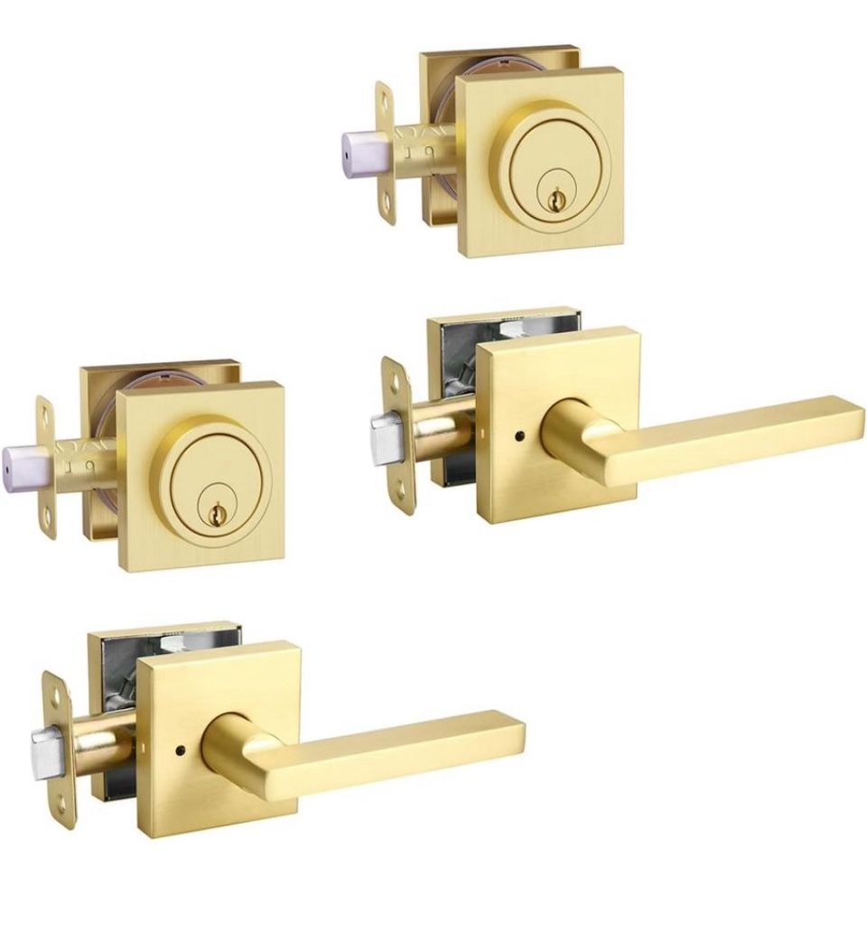 Gold Heavy Duty Privacy Lever Door Handle and Single Cylinder Deadbolt Lock and Key Combo