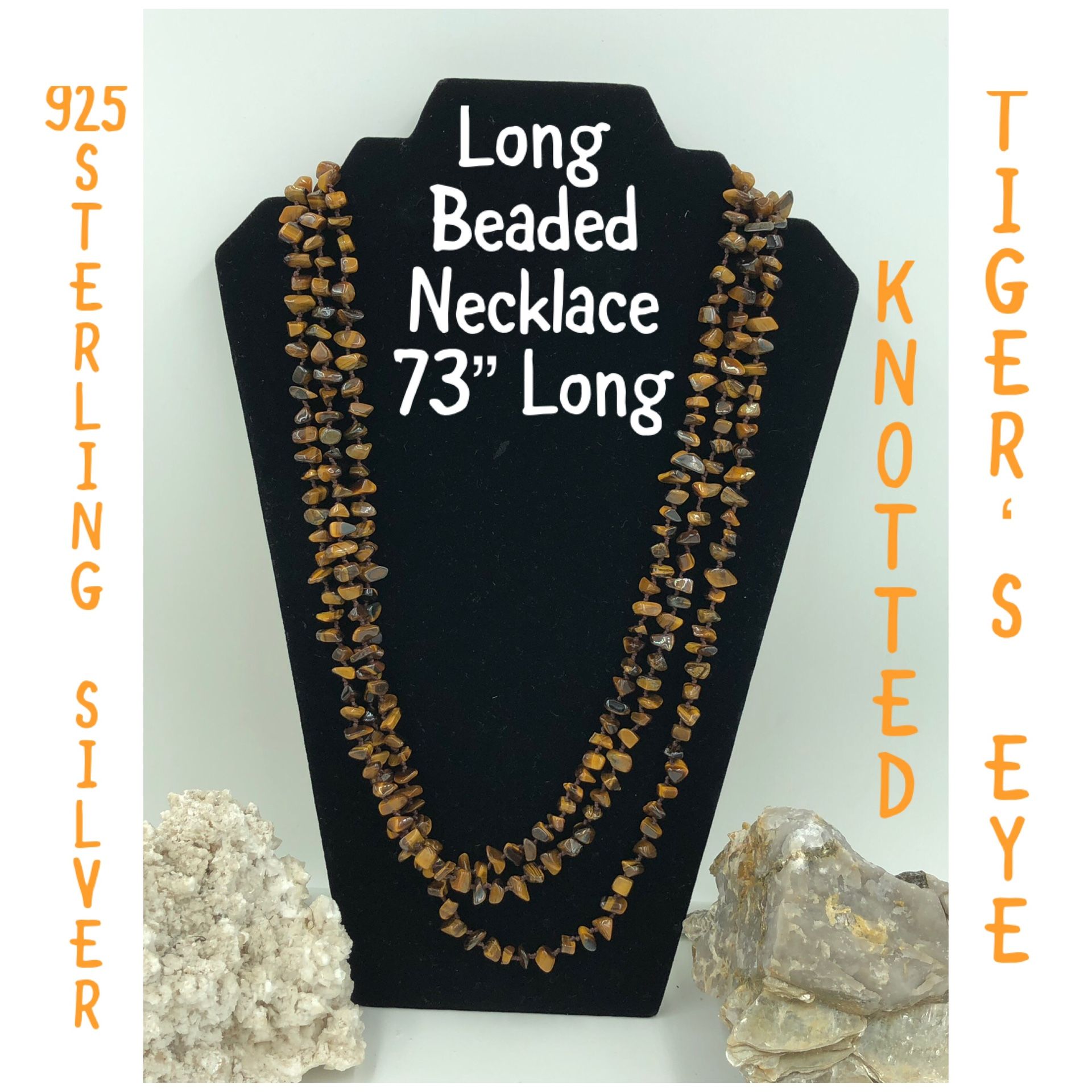 925 STER Silver Tiger’s Eye Long Beaded Necklace 73”