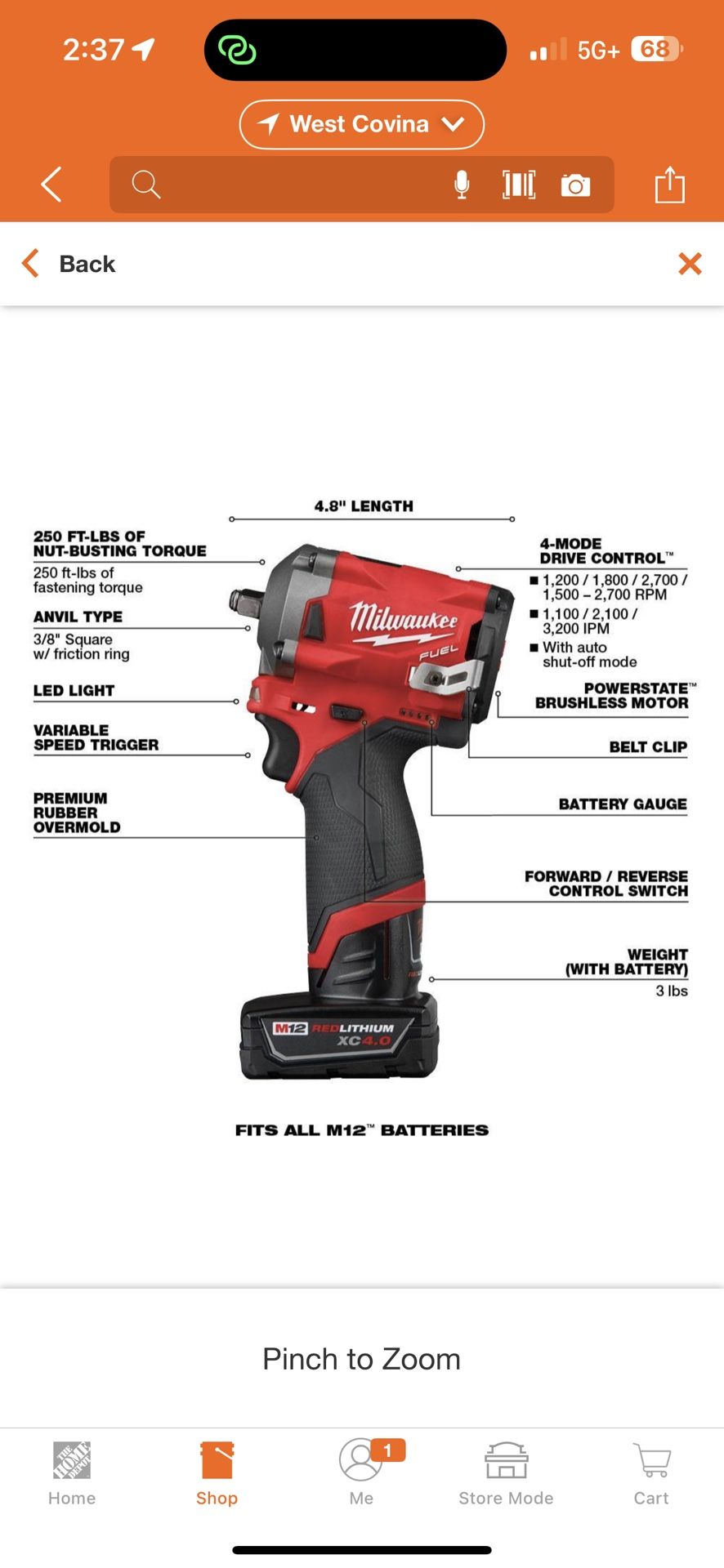 Milwaukee M12 FUEL 12V Lithium-Ion Brushless Cordless 3/8 in. Impact Wrench (Battery Included)