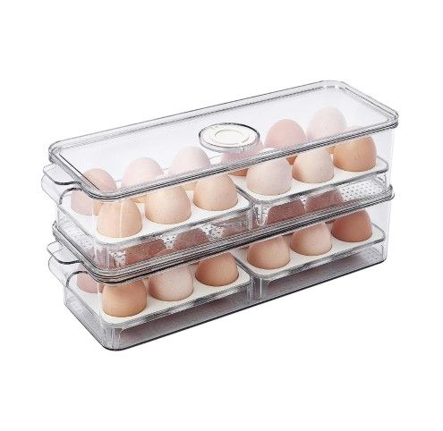 FreshKeeper Stackable Egg Holder for Fridge with Time Scale on Lid, Plastic Egg Organizer, Egg Container for Refrigerator 12 Slots (2PACK)