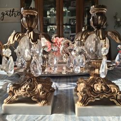  NICE SET OF VINTAGE  HOLLYWOOD  CANDLE HOLDERS WITH GOLD  CAST  METAL  AND MARBLE 