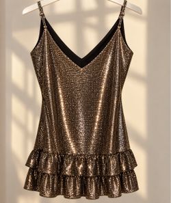 Metallic Bronze Sequin Mini Dress ✨ V-Neck Ruffle Hem Party Dress