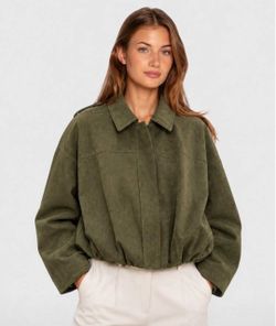 Olive-Green Cropped Bomber Jacket — Size S