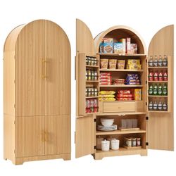72" Tall Arched Kitchen Pantry Cabinet with 8 Door Shelves, Fluted Storage